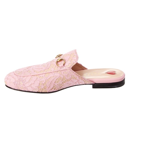 GUCCI Princetown Pink Lace Overlay Leather Horsebit Loafer Mules Size 36, - Picture 2 of 5